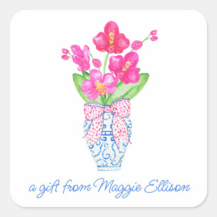 Sticker Carré Chinoiserie Aquarelle Ginger Jar Orchidée cadeau