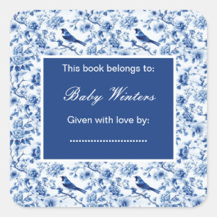 Sticker Carré Chinoiserie Baby shower des oiseaux et fleurs bleu