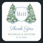 Sticker Carré Chinoiserie Chic Christmas Tree Mariage Logo Favor<br><div class="desc">Parfait pour un mariage chic de Noël, ce modèle classique d'autocollant de remerciement ou de bienvenue présente un monogramme simple et élégant de couple avec un arbre de Noël stylisé de chaque côté. L'arbre est décoré de billes de chinoiserie bleues et blanches. Les éléments d'aquarelle ont été peints à la...</div>