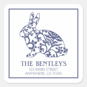 Sticker Carré Chinoiserie Lapin Rabbit Adresse de retour Étiquet