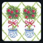 Sticker Carré Chinoiserie Topiary Red Christmas<br><div class="desc">Ajoutez ces stickers mignons à vos cartes de fin de année !</div>