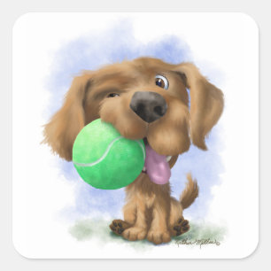 Sticker Carré Chiot adorable avec balle de tennis dessin animé