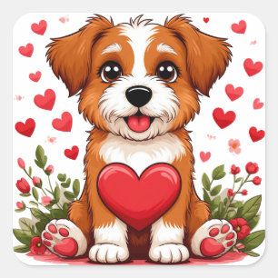 Sticker Carré Chiot avec cœur pour les amoureux des chiens