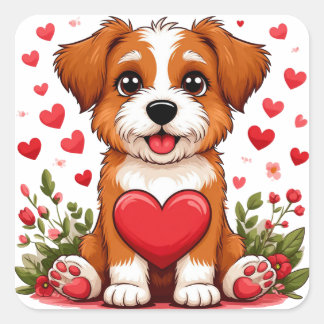 Sticker Carré Chiot avec cœur pour les amoureux des chiens