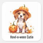 Sticker Carré Chiot beagle en Citrouille Casquette Halloween Aqu (Devant)