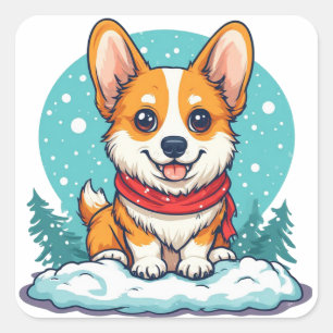 Sticker Carré Chiot Corgi Adorable Dans La Neige En Hiver