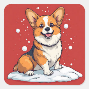 Sticker Carré Chiot Corgi Mignon Assis Dans Une Scène De Noël En