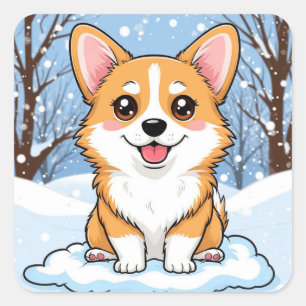 Sticker Carré Chiot Corgi Mignon Assis Dans Une Scène Hivernale