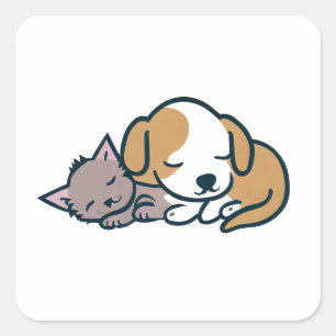 Sticker Carré Chiot et chaton dormant ensemble