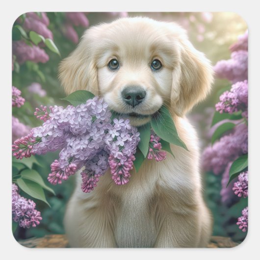 Sticker Carré Chiot Golden Retriever avec Lilacs (Devant)