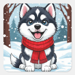 Sticker Carré Chiot Husky Mignon Assis Dans Une Scène Hivernale