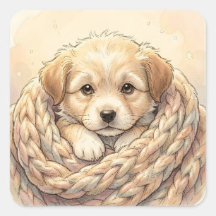 Sticker Carré Chiot mignon enveloppé dans une couverture tricoté