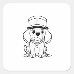 Sticker Carré chiot portant un casquette, un collier et une étiq