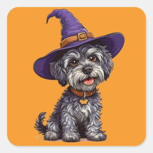 Sticker Carré Chiot portant un chapeau de magicien violet, illus