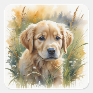 Sticker Carré Chiot retriever doré au coucher du soleil