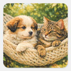 Sticker Carré Chiots et chatons,
