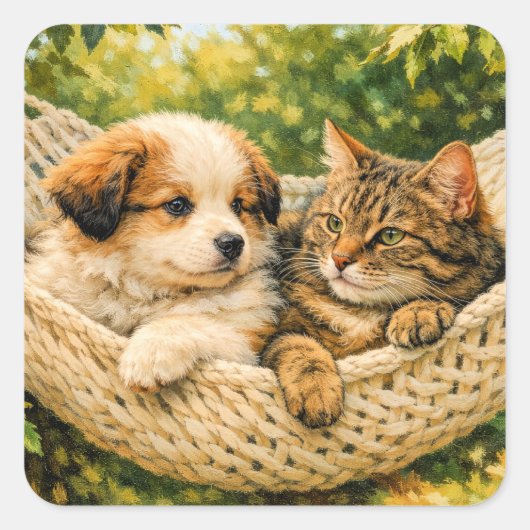 Sticker Carré Chiots et chatons, (Devant)