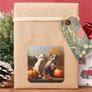 Sticker Carré Chiots Pitbull Délice d'Automne Citrouille