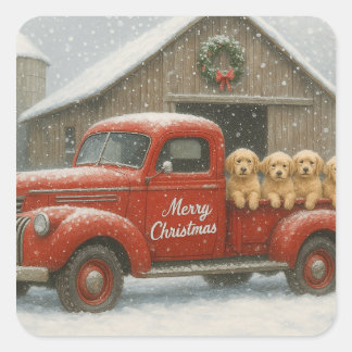 Sticker Carré Chiots Retriever doré de Noël dans un vieux camion