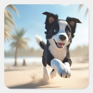 Sticker Carré Chiots sur la plage
