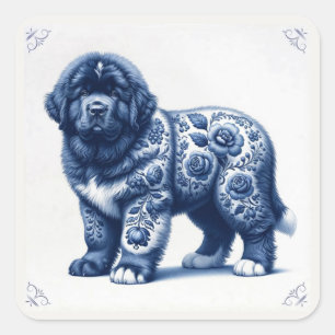 Sticker Carré Chiots Terre-Neuve Bleu de Delft