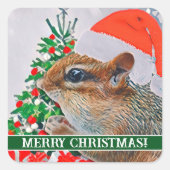 Sticker Carré Chipmunk avec Casquette de Noël devant l'arbre (Devant)