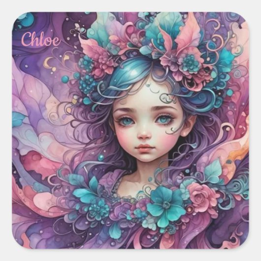 Sticker Carré CHLOE ~ WOW ! Lavande bleue rose fée ~ (Devant)