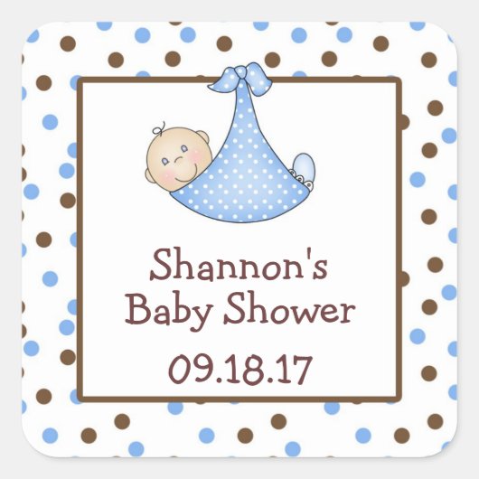 Sticker Carré Chocolat Brown Blue Dot Baby shower Favoriser (Devant)