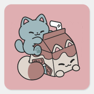 Sticker Carré Chocolat Lait Kawaii Chat – Boisson Confort et Mig