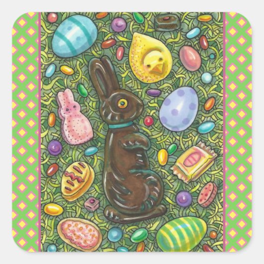STICKER CARRÉ CHOCOLAT PÂQUES BUNNY, POULET, OEUFS, JELLY BEANS (Devant)