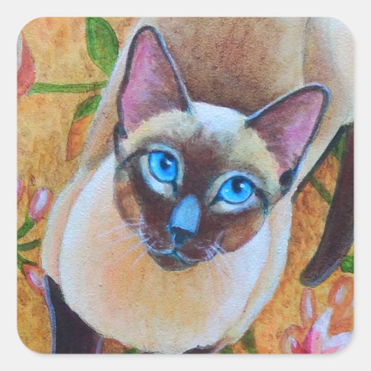 Sticker Carré Chocolat Point Siamese Chat sur tapis floral (Devant)