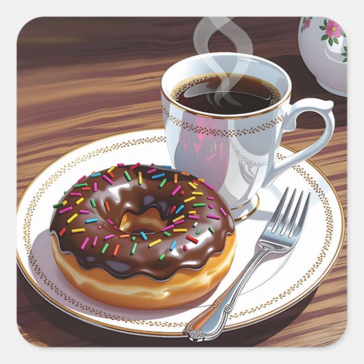 Sticker Carré Chocolate Frosted Donut and Coffee  (Devant)