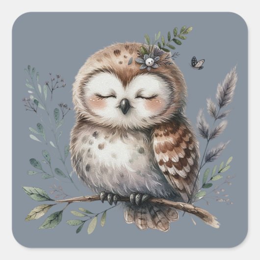 Sticker Carré Chouette à l'aquarelle mignonne avec style boisé f (Devant)