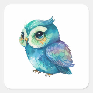 Sticker Carré Chouette aquarelle bleue