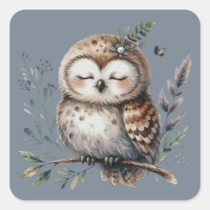 Sticker Carré Chouette aquarelle mignonne dans un style floral b