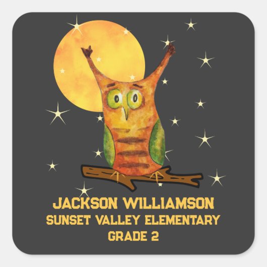 Sticker Carré Chouette Aquarelle Style Nom de l'école Année (Devant)