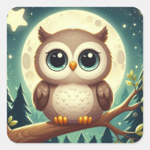 Sticker Carré Chouette bébé la nuit avec lune