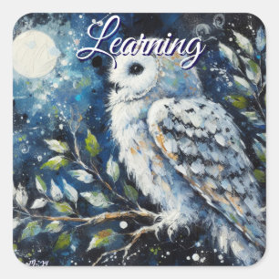 Sticker Carré Chouette blanche sur branche dans la peinture lune