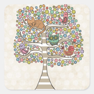 Sticker Carré Chouette chatte et oiseaux dans un arbre Illustrat
