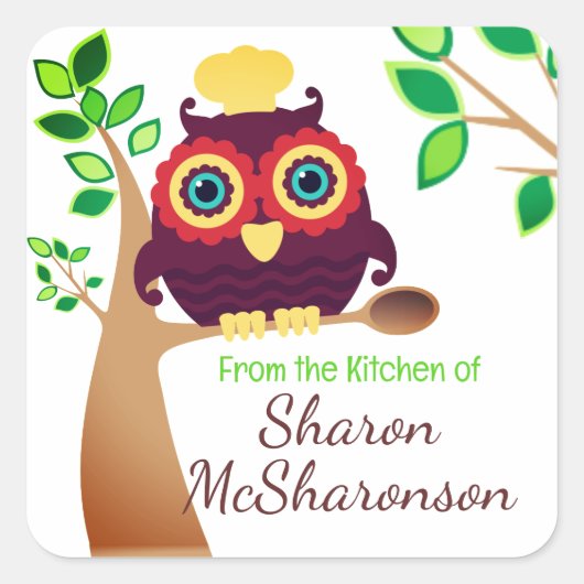 Sticker Carré Chouette chef cuillère en bois cuisine cuisine éti (Devant)