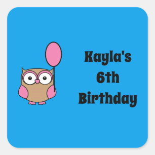 Sticker Carré Chouette d'anniversaire avec ballon rose Texte per