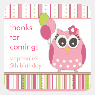 Sticker Carré Chouette de fille rose et citron vert Anniversaire