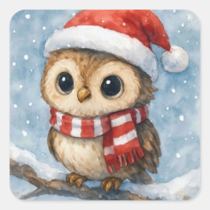 Sticker Carré Chouette de Noël à l'aquarelle dans des flocons de