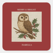 Sticker Carré Chouette de Noël brodée rustique avec Holly (Devant)