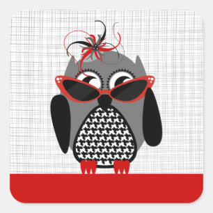 Sticker Carré Chouette en bois avec lunettes de soleil rouges et