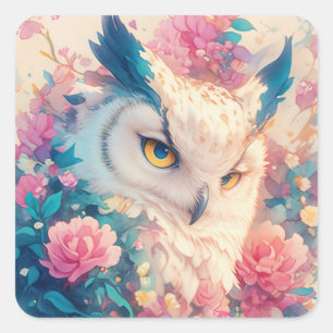 Sticker Carré Chouette Fantaisie Blanche et Bleue Mignonne qui R