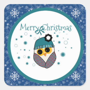 Sticker Carré Chouette Joyeux Noël : motif étoilé festif