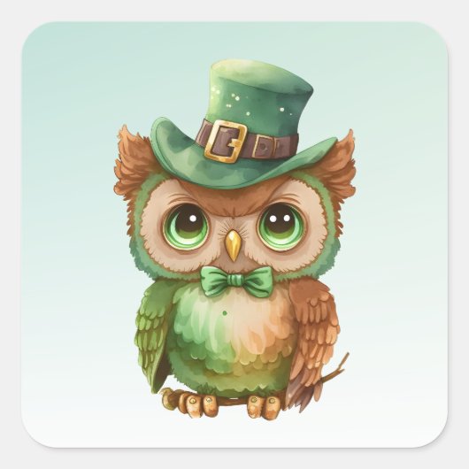 Sticker Carré Chouette mignonne dans un chapeau vert (Devant)