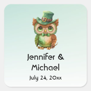 Sticker Carré Chouette mignonne dans un Mariage de chapeau vert 