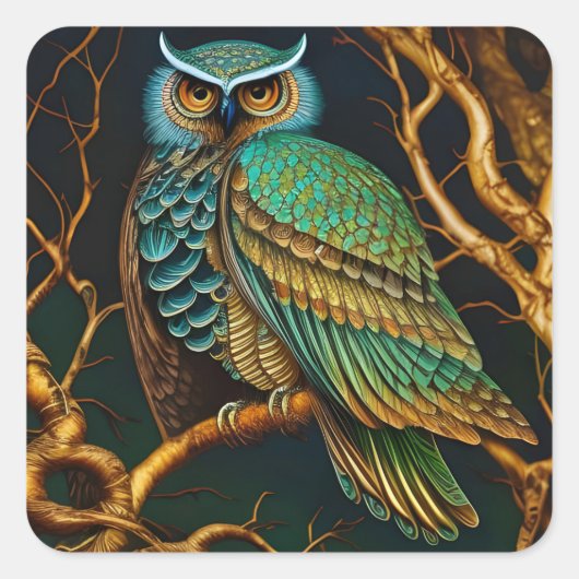 Sticker Carré Chouette Turquoise et Or (Devant)